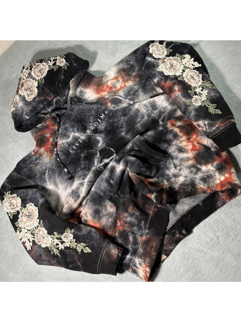 Civil Regime Floral Patch Hoodie Medium Rose Stitch Marble Tie Dye Flowers Acid